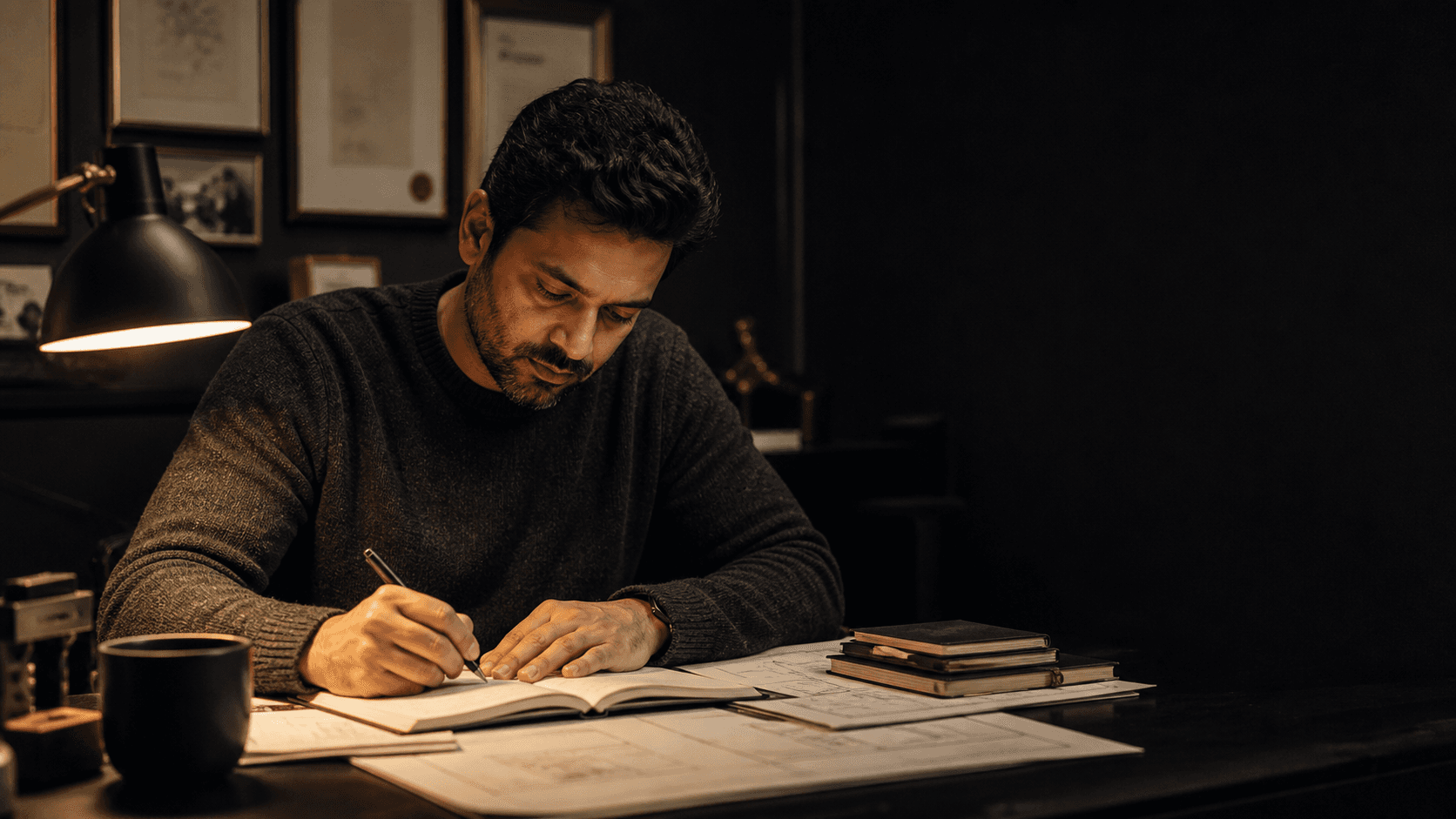 A business owner planning work at his desk